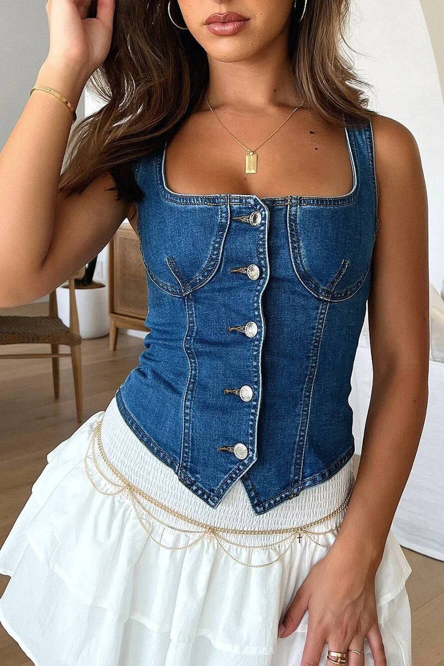 NEW ONE FASHION dark breasted tank top in blue denim